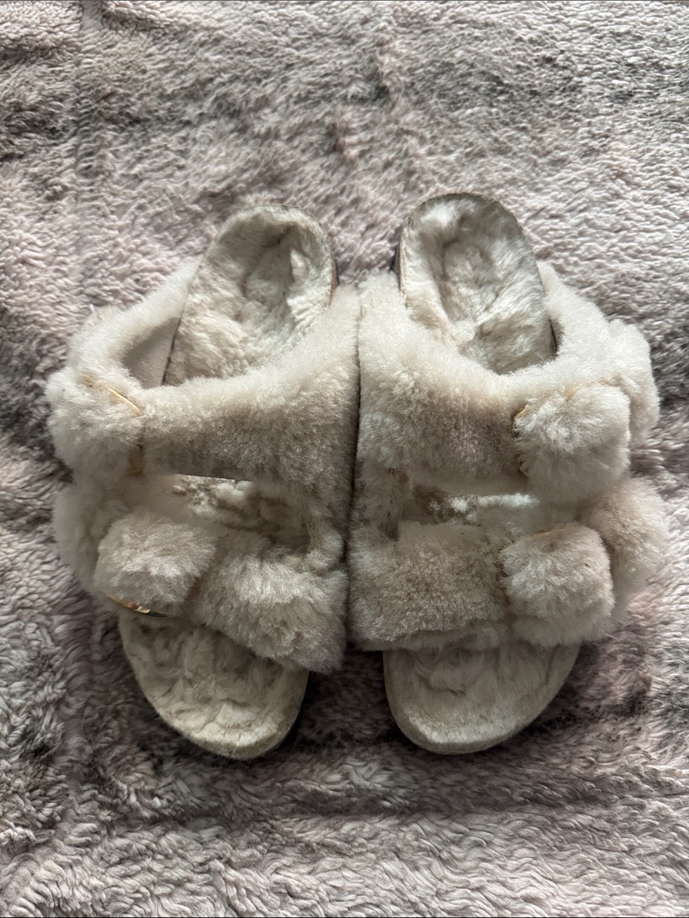 Birkenstock Shearling Pom Pom Slide Sandals in Cream